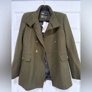 NWT Zara Khaki Double-Breasted Coat with Gold Buttons